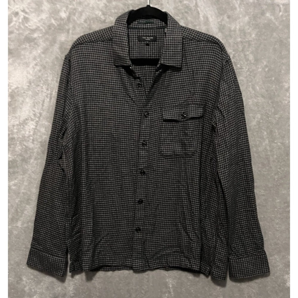 Ted Baker London Men's Long Sleeves Charcoal Puppytooth Shirt Size 5 XL Cotton